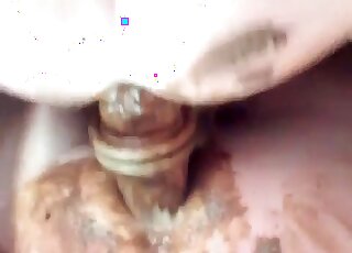 Impaling her hole on the shit covered toy