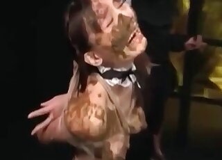 Horny Asian porn star bending over and eating