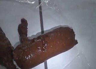 Cute blonde woman is squatting and shitting